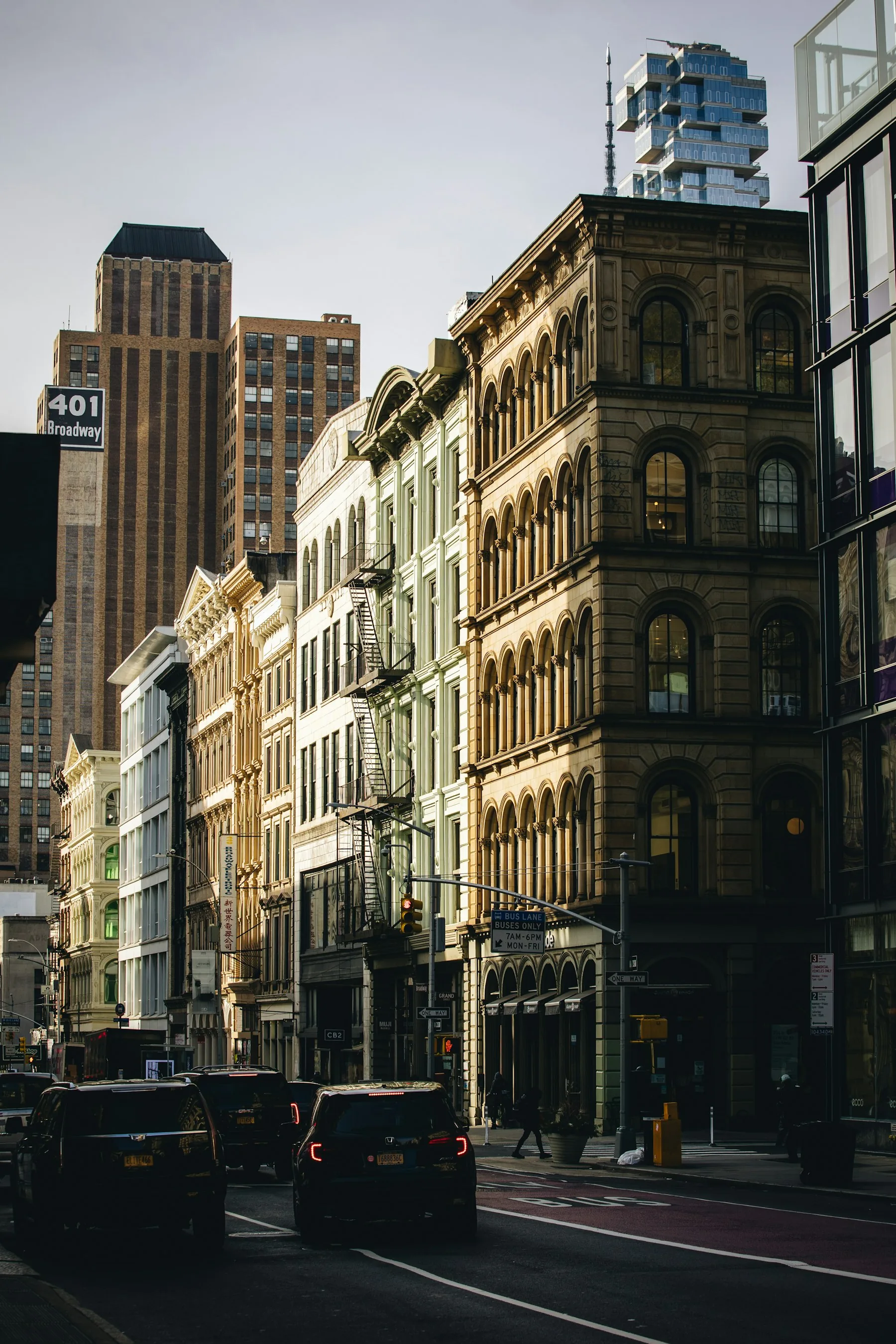 Historic and modern buildings along a Manhattan street